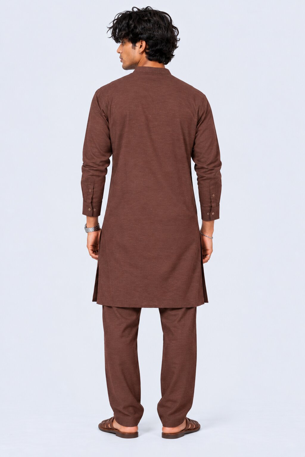 Mens Brown Solid Mandarin Collar Kurta - Image 5