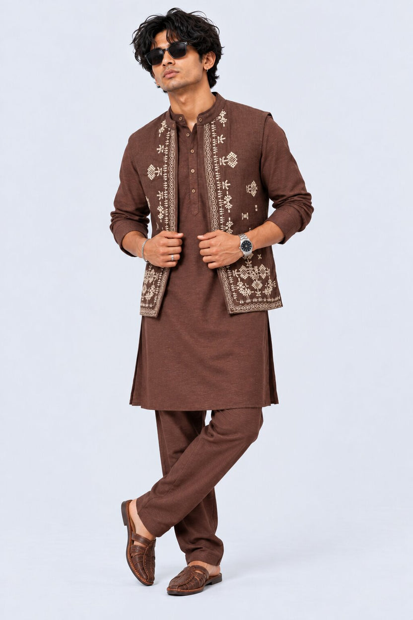 Mens Brown Solid Mandarin Collar Kurta - Image 6