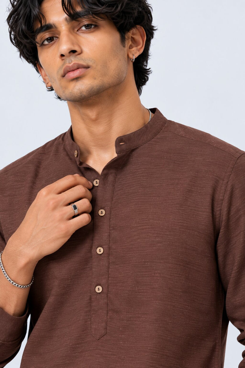 Mens Brown Solid Mandarin Collar Kurta - Image 9