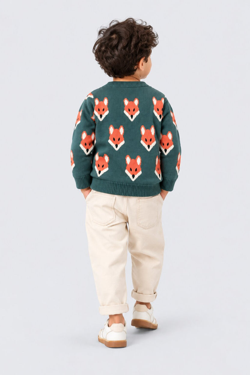 Infant Boys Fox Print Olive Knitted Sweater - Image 3