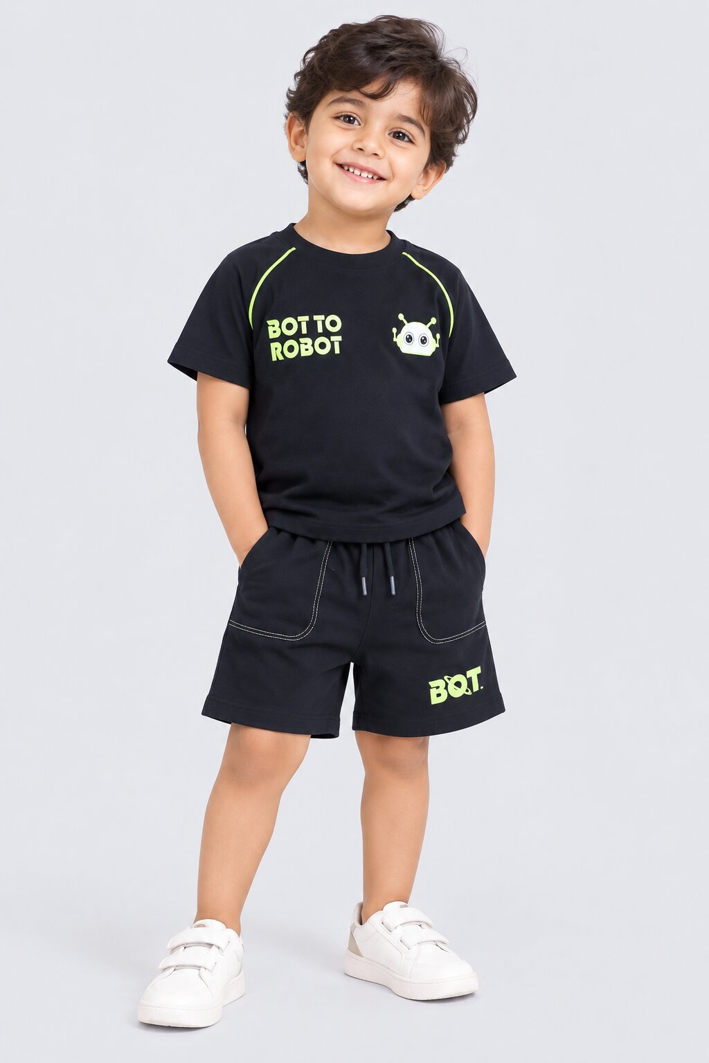 Boys Black Robot Print T-Shirt and Shorts Set - Image 1
