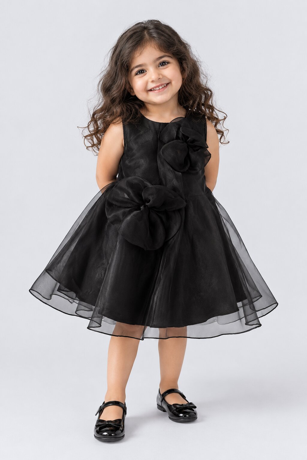 Girls Black Floral Applique Party Dress - Image 1