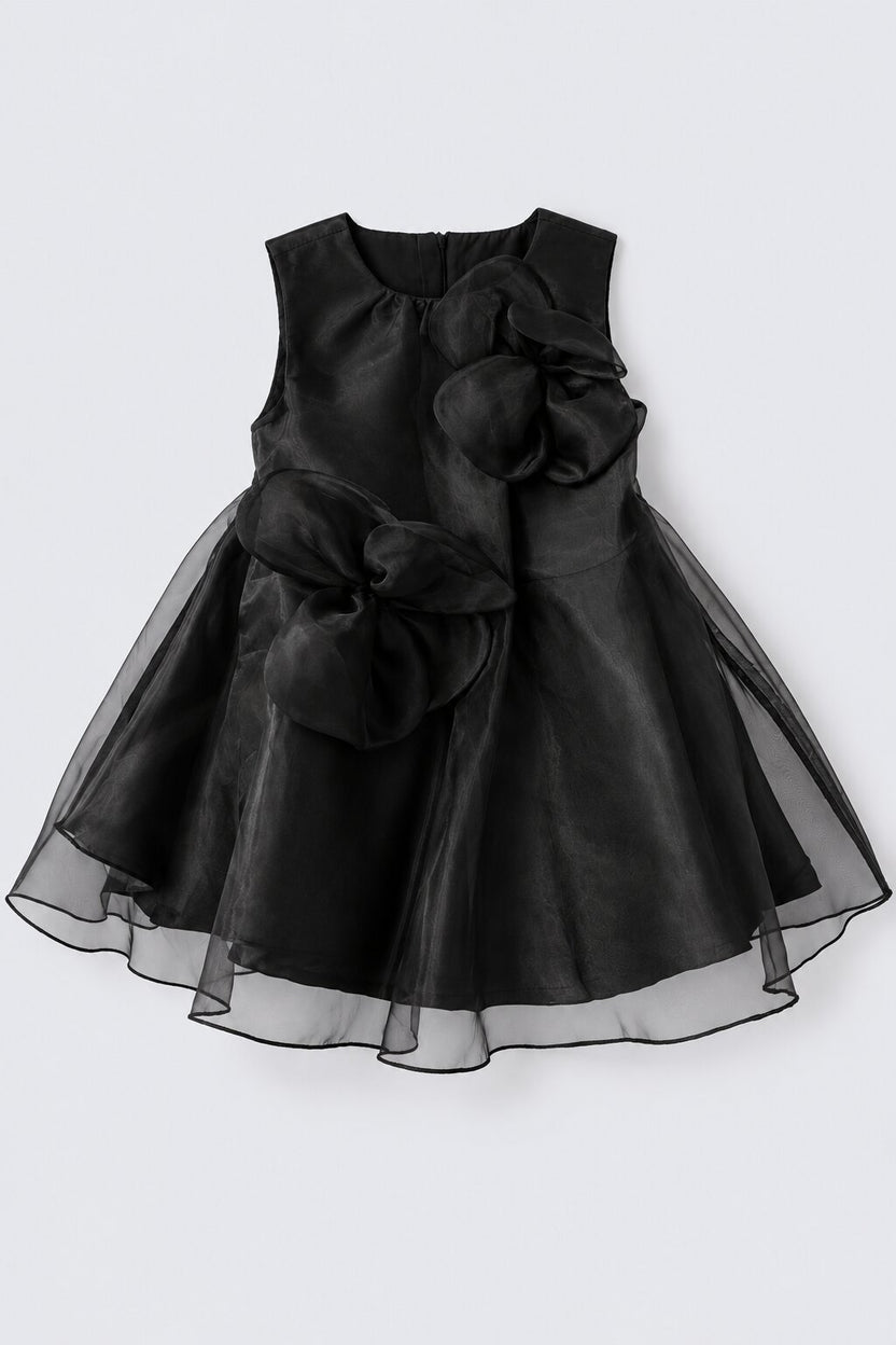Girls Black Floral Applique Party Dress - Image 2