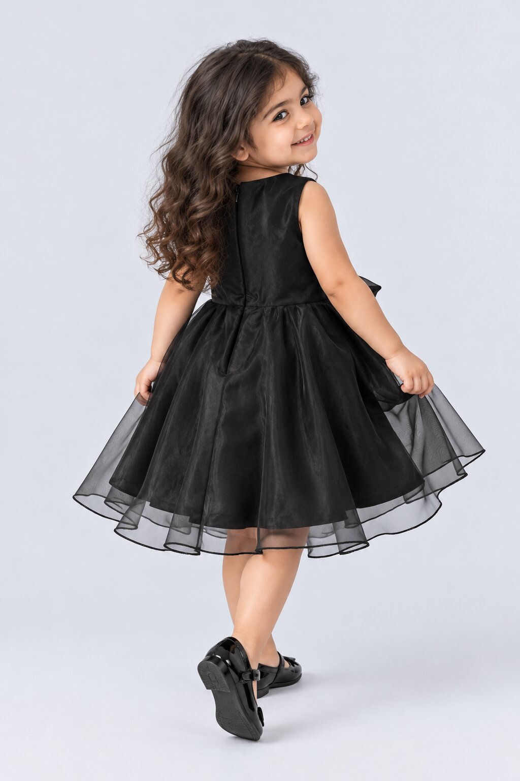 Girls Black Floral Applique Party Dress - Image 3