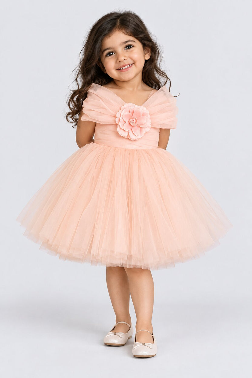 Girls Peach Net Party Dress - Image 1