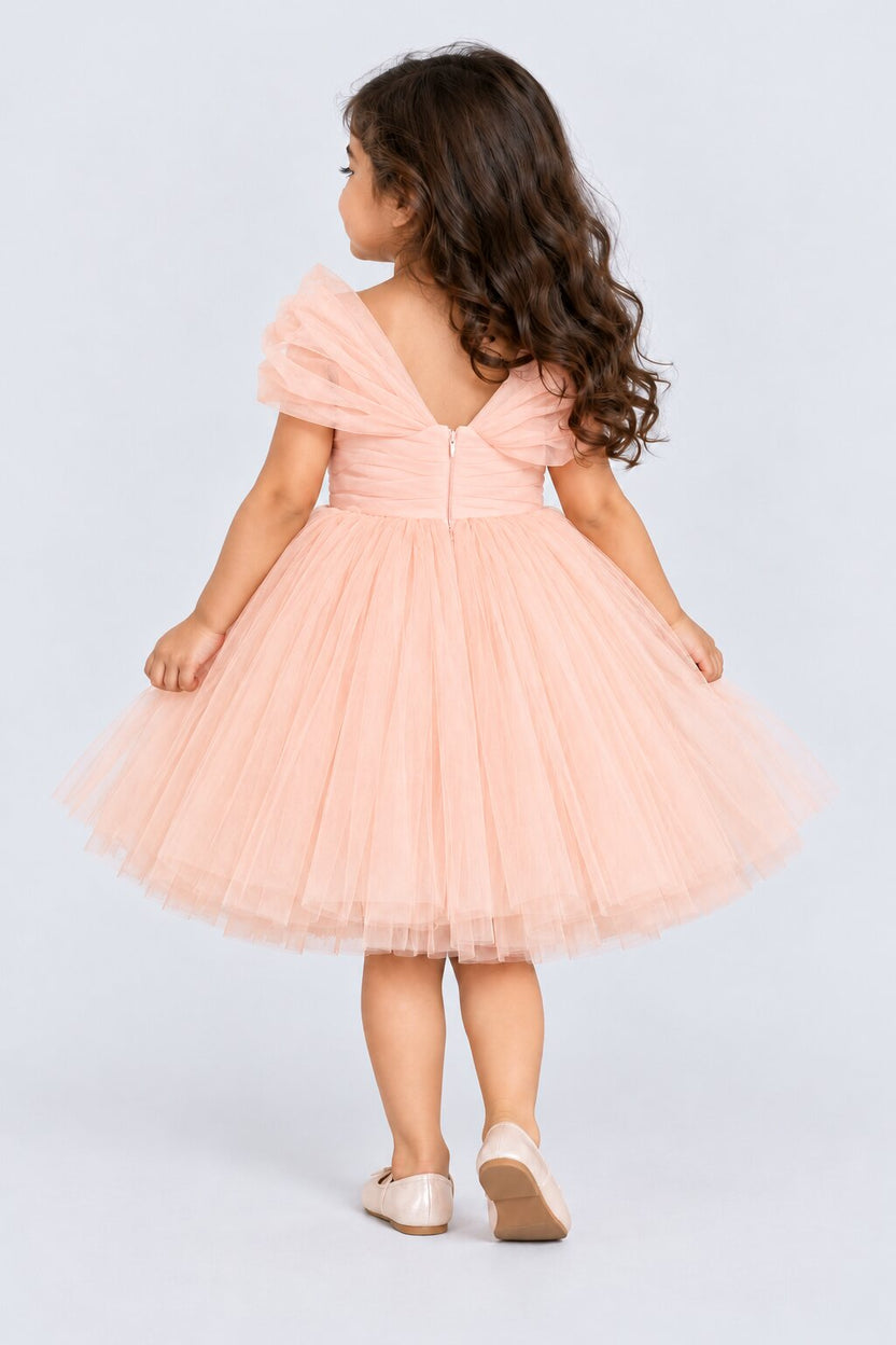 Girls Peach Net Party Dress - Image 3