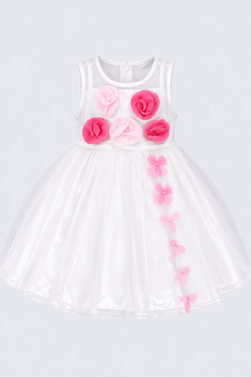 Girls Off White Floral Applique Party Dress - Image 2