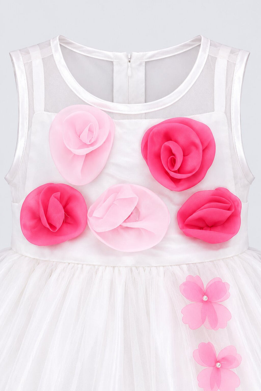 Girls Off White Floral Applique Party Dress - Image 5