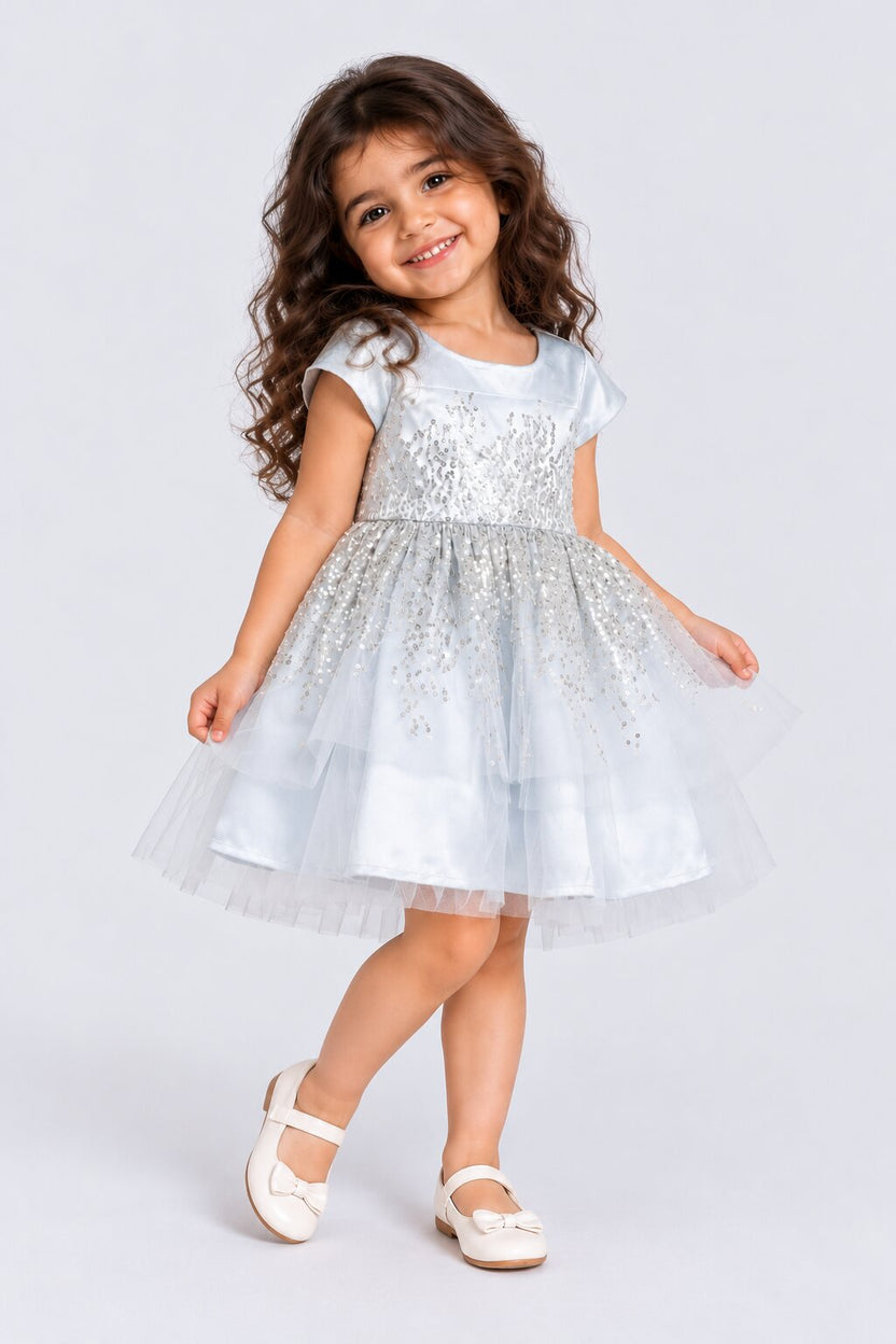 Girls Light Blue Sequin Embellished Party Dress - Image 1