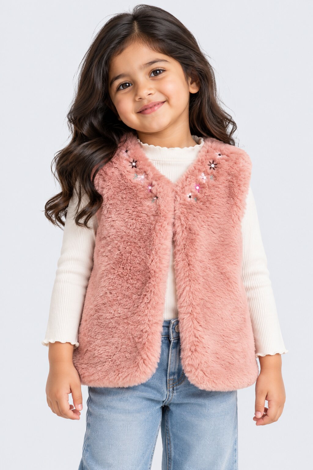 Girls Peach Embellished Fur Jacket - Image 1