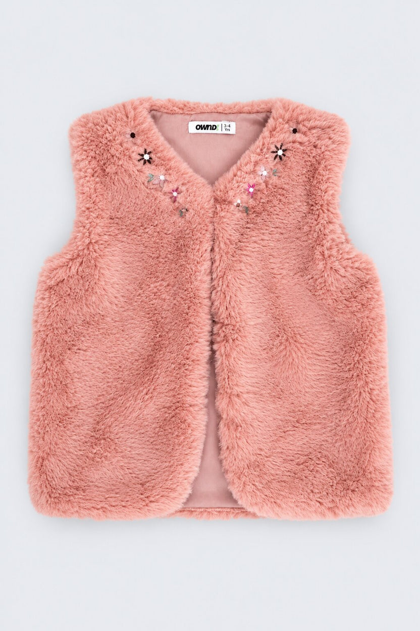 Girls Peach Embellished Fur Jacket - Image 2