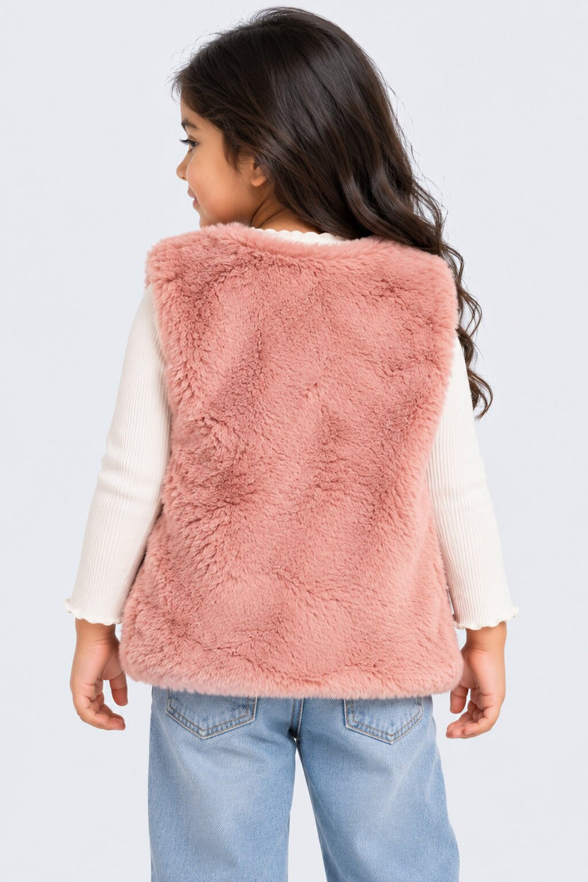 Girls Peach Embellished Fur Jacket - Image 3