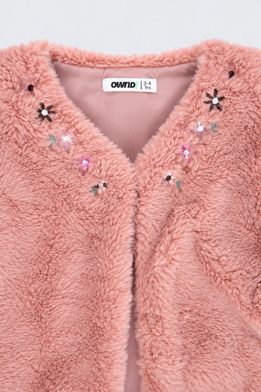 Girls Peach Embellished Fur Jacket - Image 6