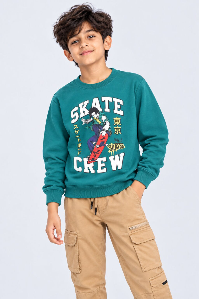 Tweens Boys Skate Green Crew Graphic Sweatshirt - Image 1