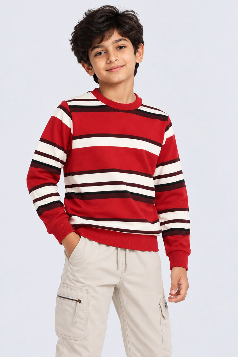 Tweens Boys Striped Red Crew Neck Sweatshirt - Image 1