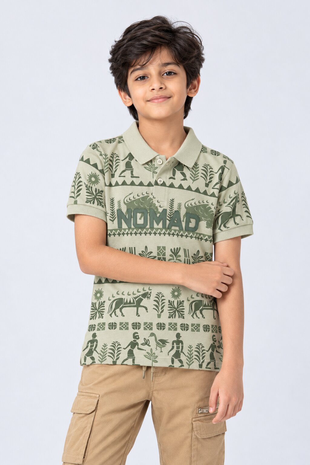 Tweens Boys Olive Nomad Print Polo T-Shirt - Image 1