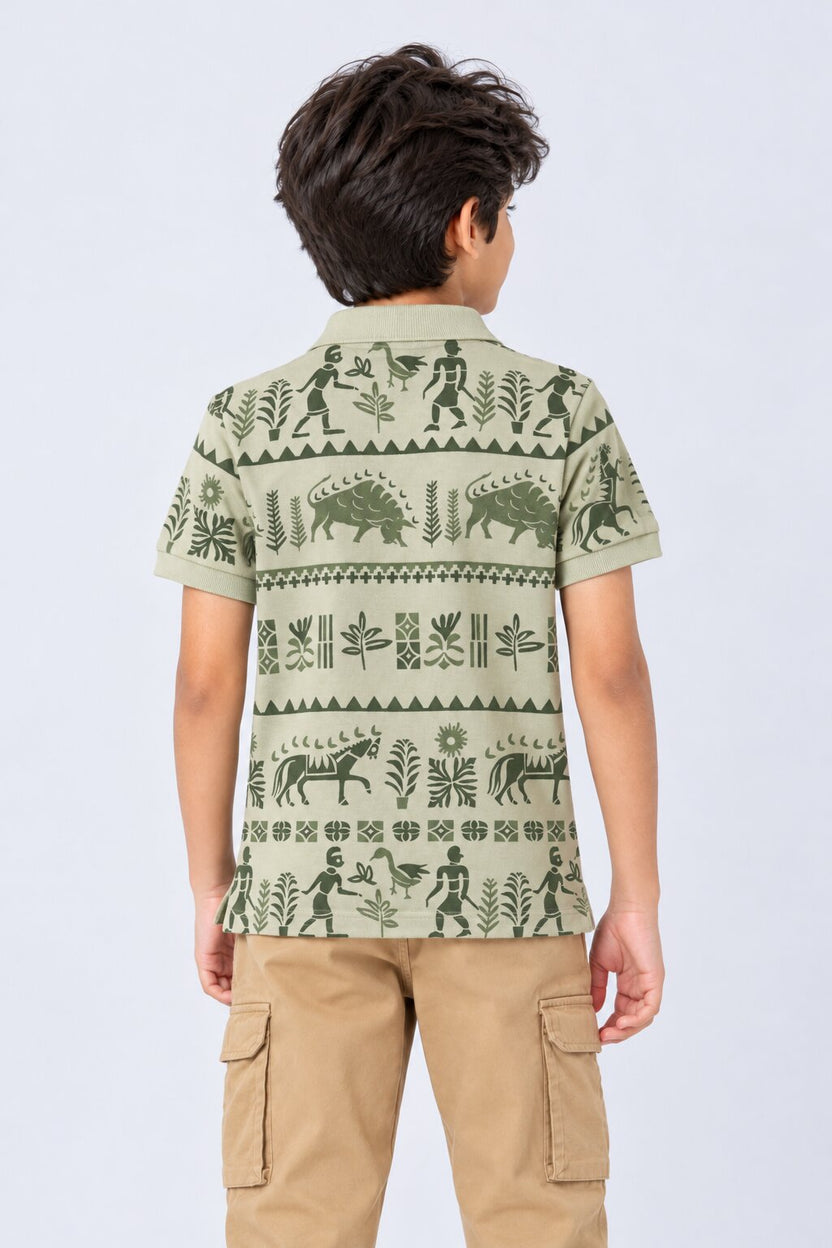 Tweens Boys Olive Nomad Print Polo T-Shirt - Image 3