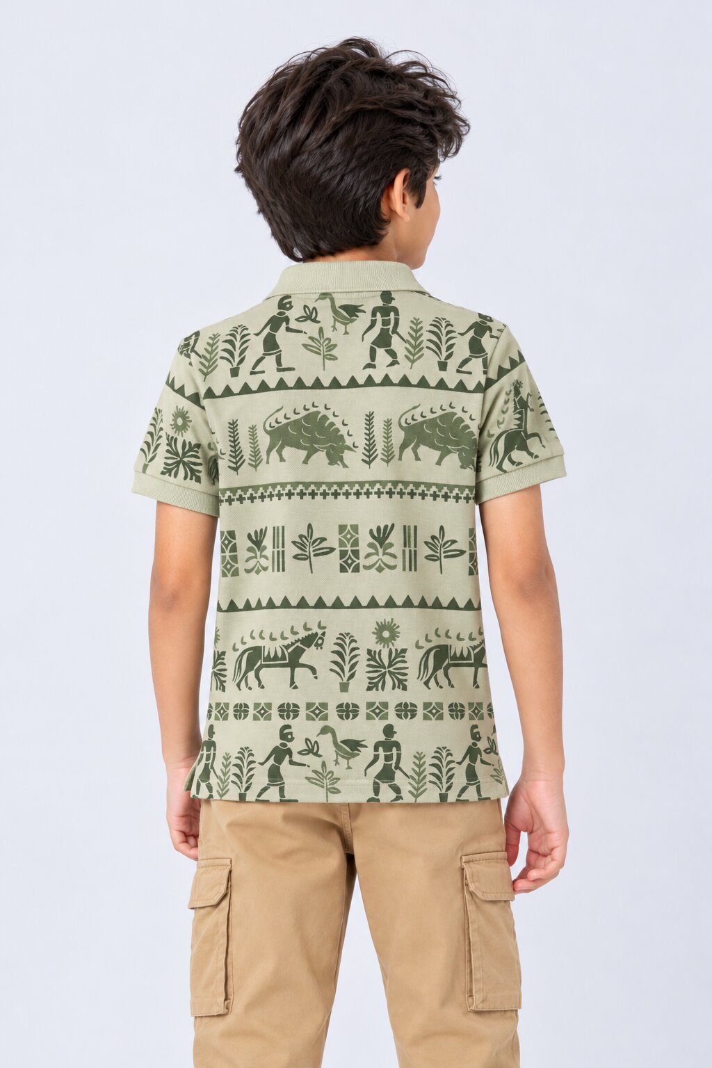 Tweens Boys Olive Nomad Print Polo T-Shirt - Image 3