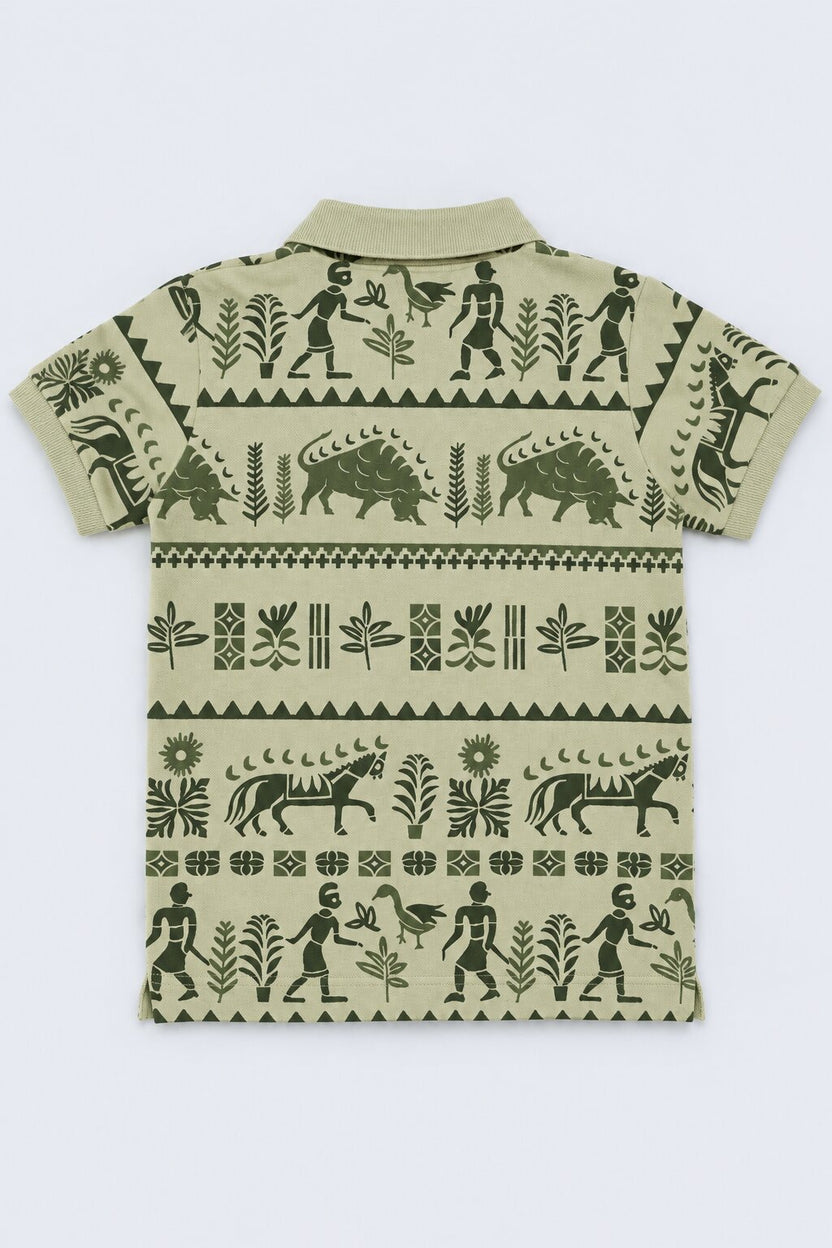Tweens Boys Olive Nomad Print Polo T-Shirt - Image 4