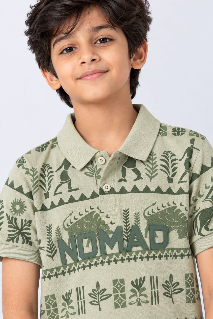 Tweens Boys Olive Nomad Print Polo T-Shirt - Image 6