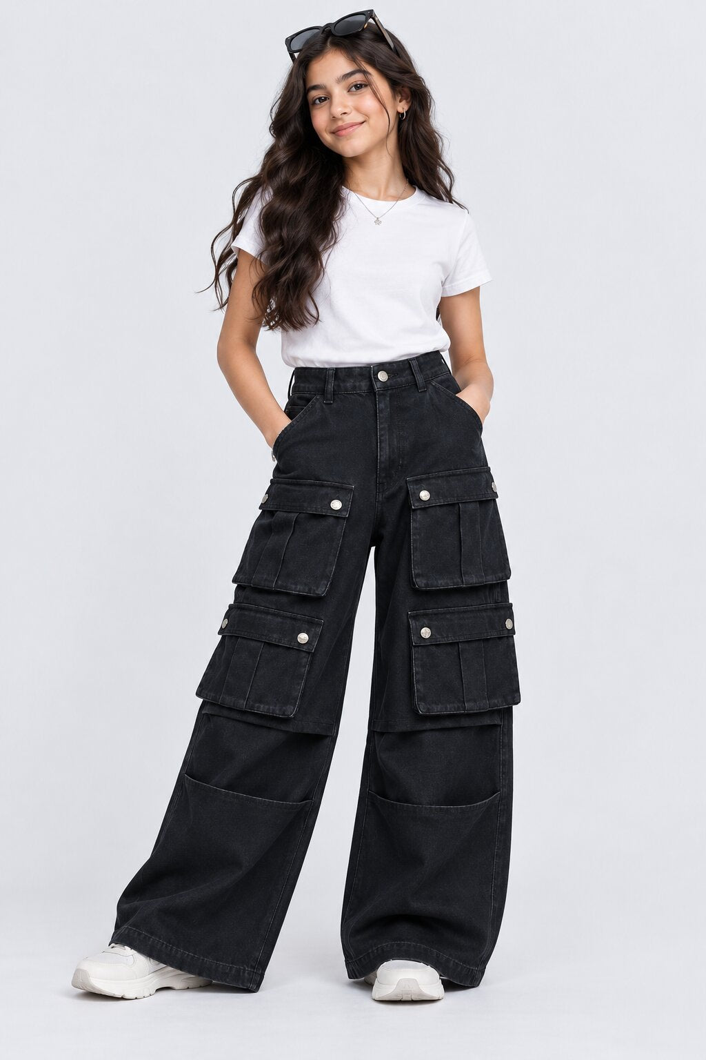 Tweens Girls Black Wide Leg Cargo Jeans - Image 1