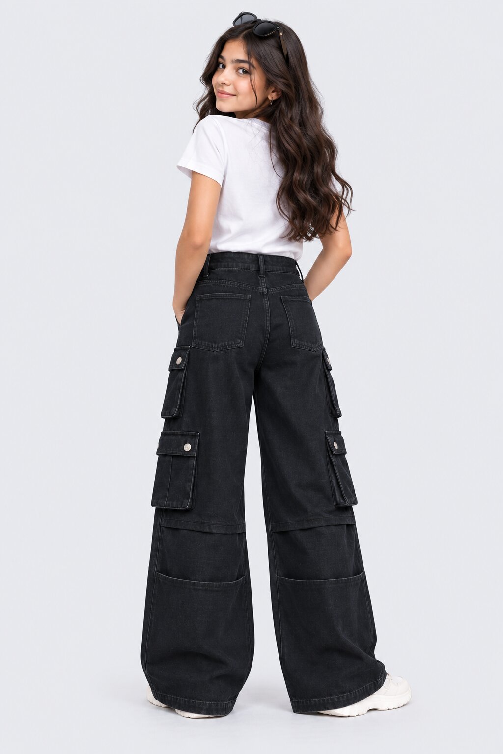 Tweens Girls Black Wide Leg Cargo Jeans - Image 3
