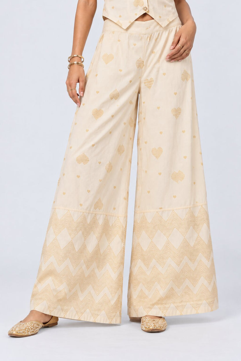 Womens Cream Heart Print Chanderi Palazzos - Image 2