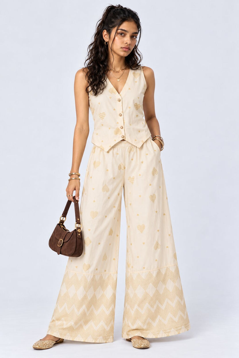 Womens Cream Heart Print Chanderi Palazzos - Image 6