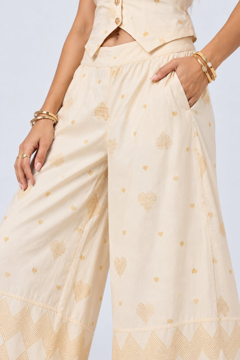 Womens Cream Heart Print Chanderi Palazzos - Image 9