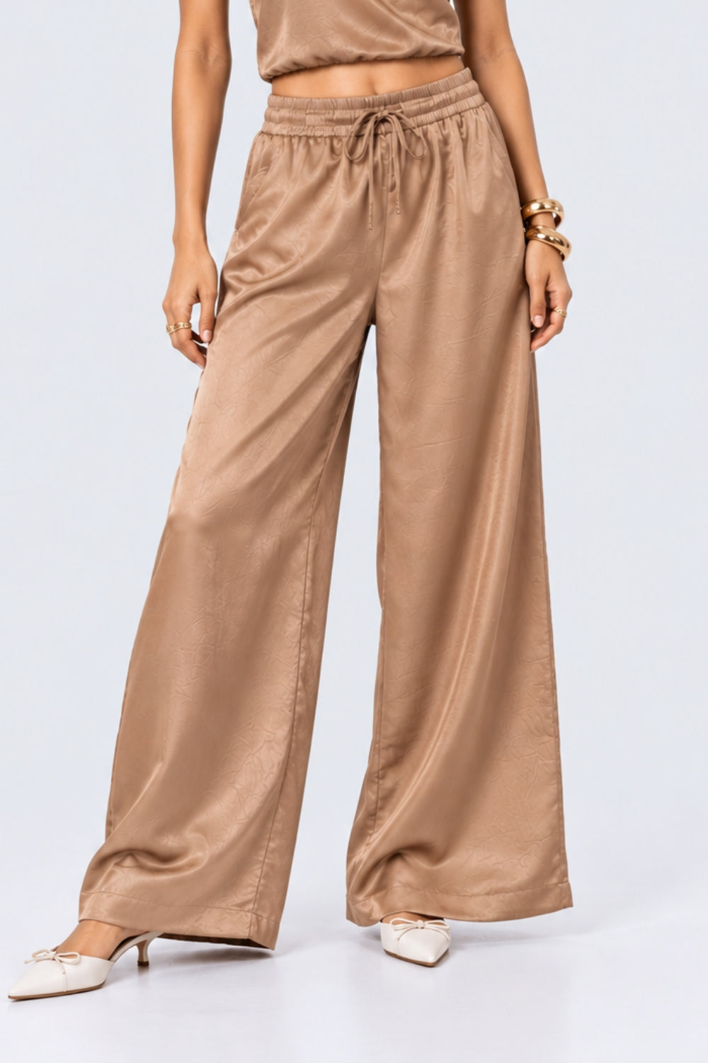 Brown Wide Leg Fit Satin Crush Pants - Image 2