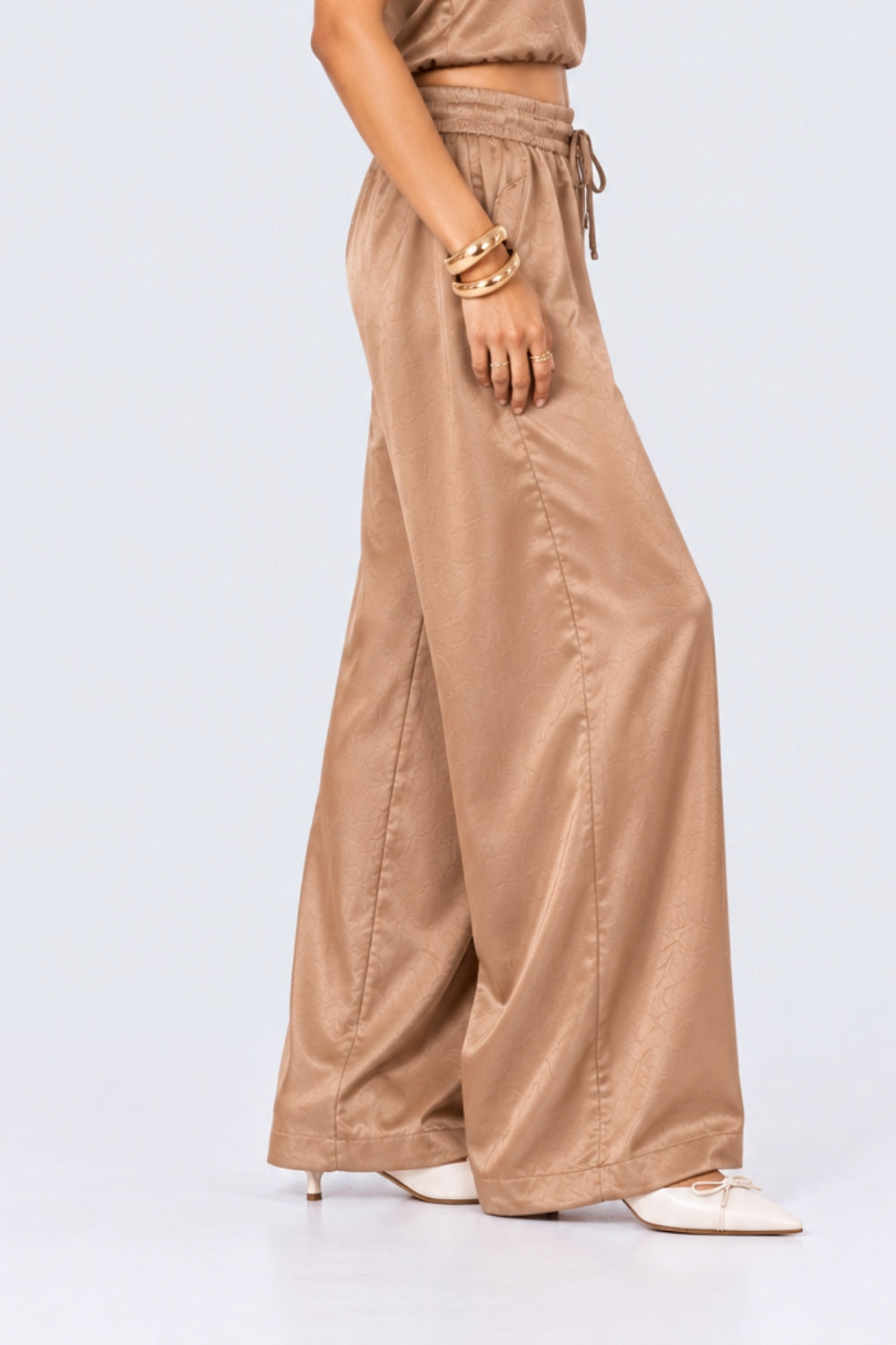 Brown Wide Leg Fit Satin Crush Pants - Image 4
