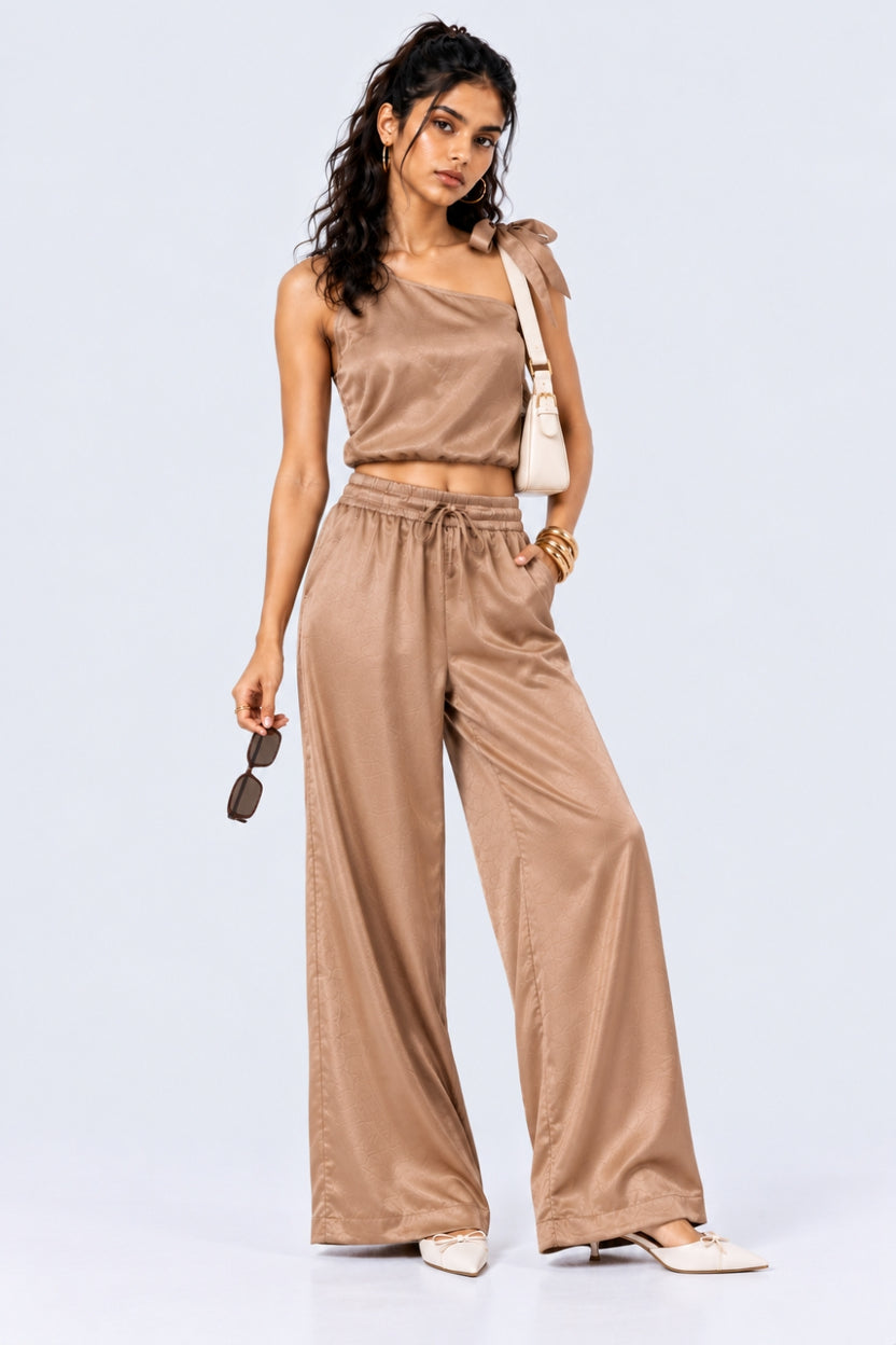 Brown Wide Leg Fit Satin Crush Pants - Image 6