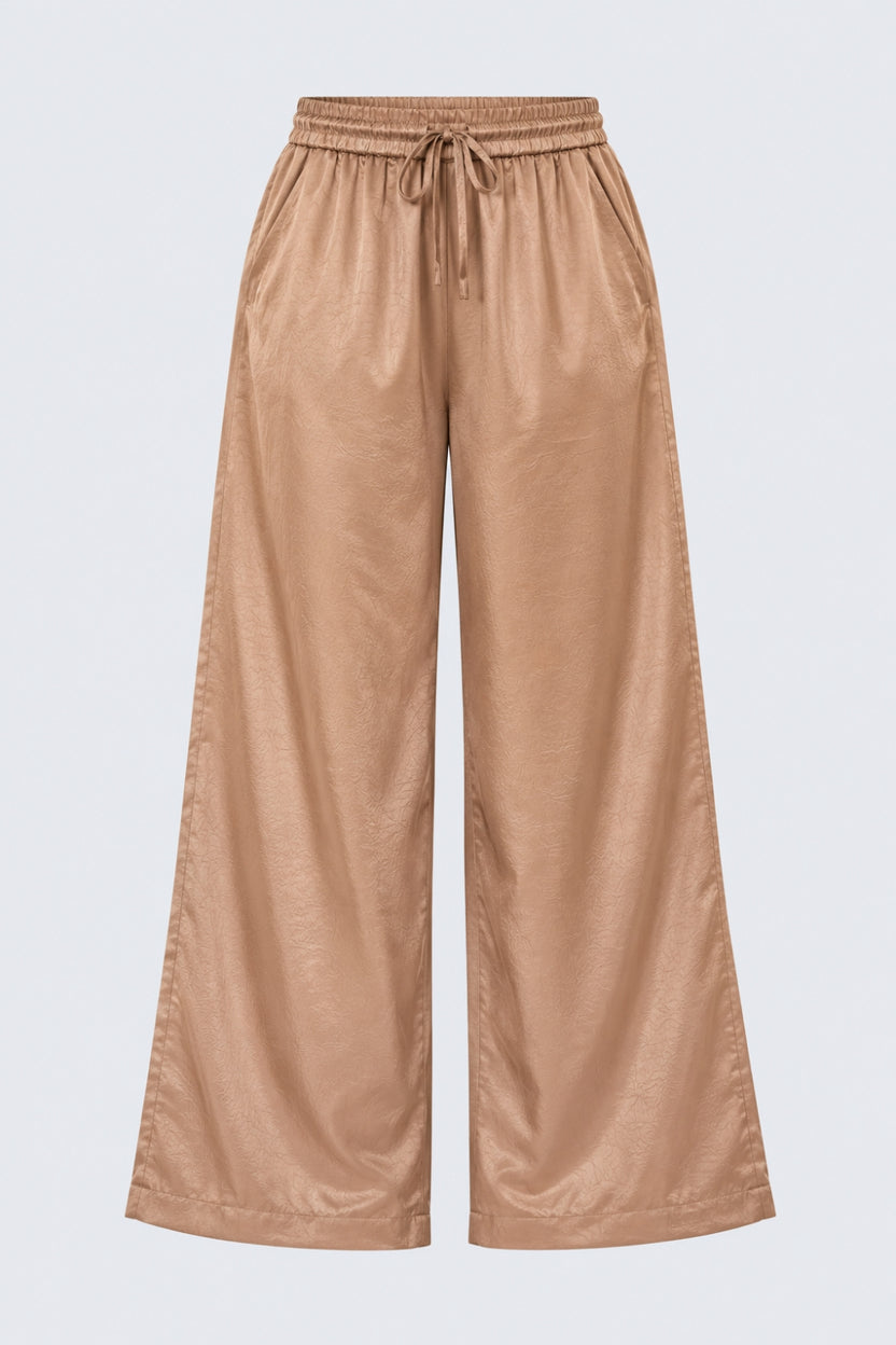 Brown Wide Leg Fit Satin Crush Pants - Image 7