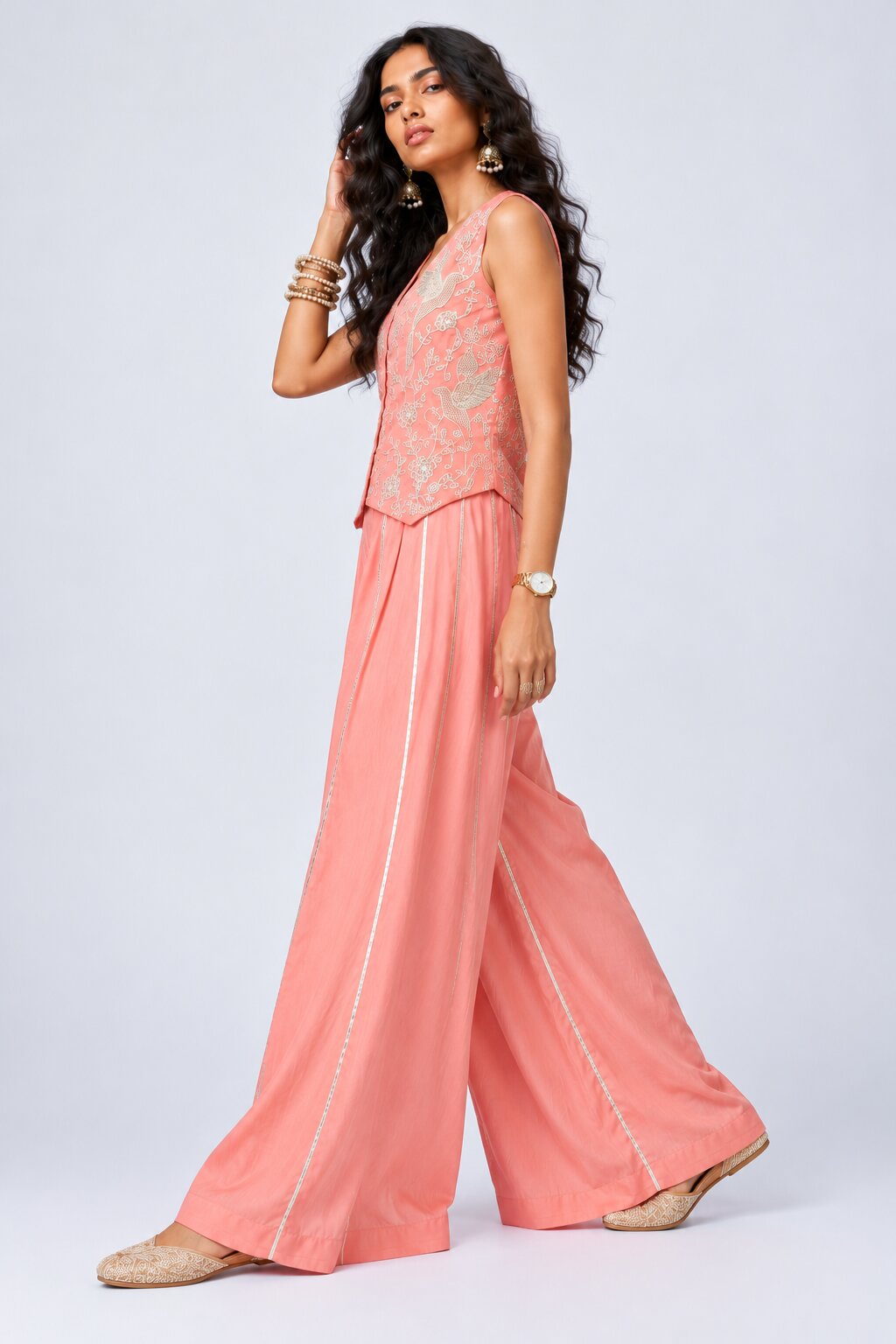 Peach Embroidered Waistcoat and Palazzo Set - Image 2