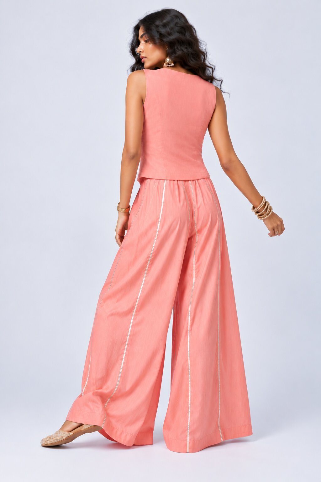Peach Embroidered Waistcoat and Palazzo Set - Image 4