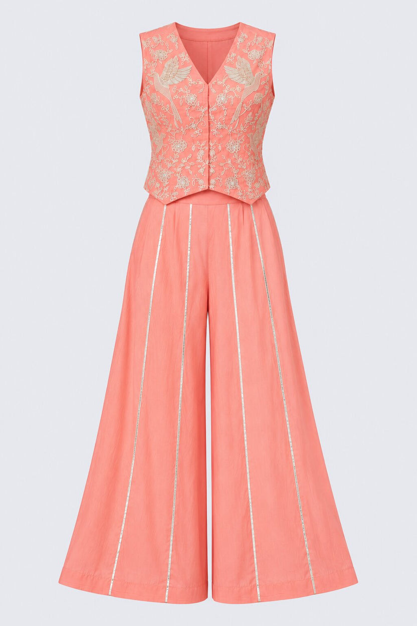 Peach Embroidered Waistcoat and Palazzo Set - Image 6
