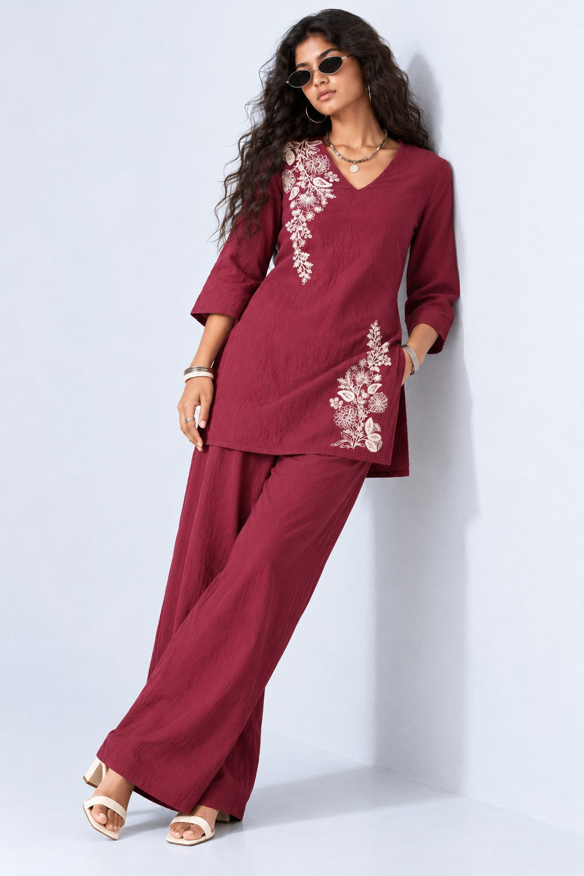 Womens Wine Floral Kurta Set - Image 1