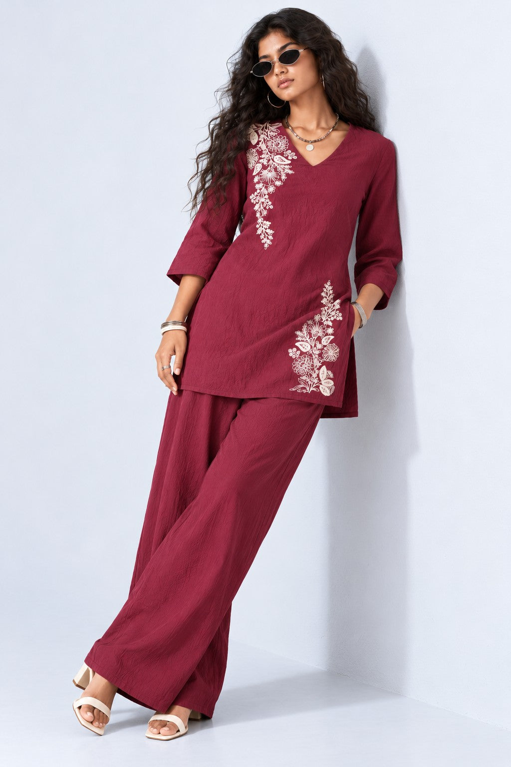 Womens Wine Floral Kurta Set - Image 1