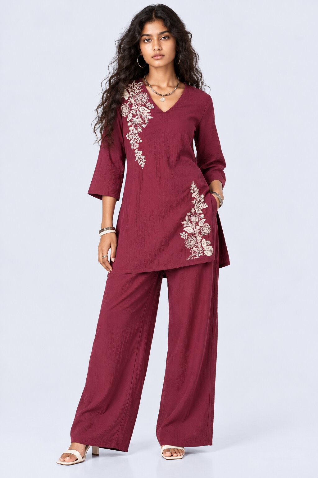 Womens Wine Floral Kurta Set - Image 2