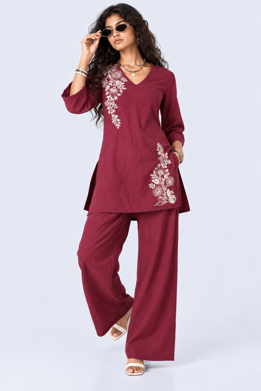 Womens Wine Floral Kurta Set - Image 6
