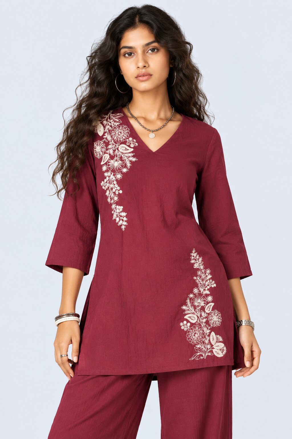 Womens Wine Floral Kurta Set - Image 8
