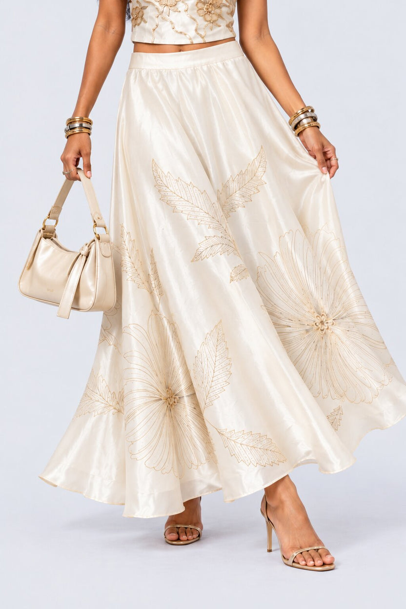 Womens Off White Floral Shimmer Satin Skirt - Image 1