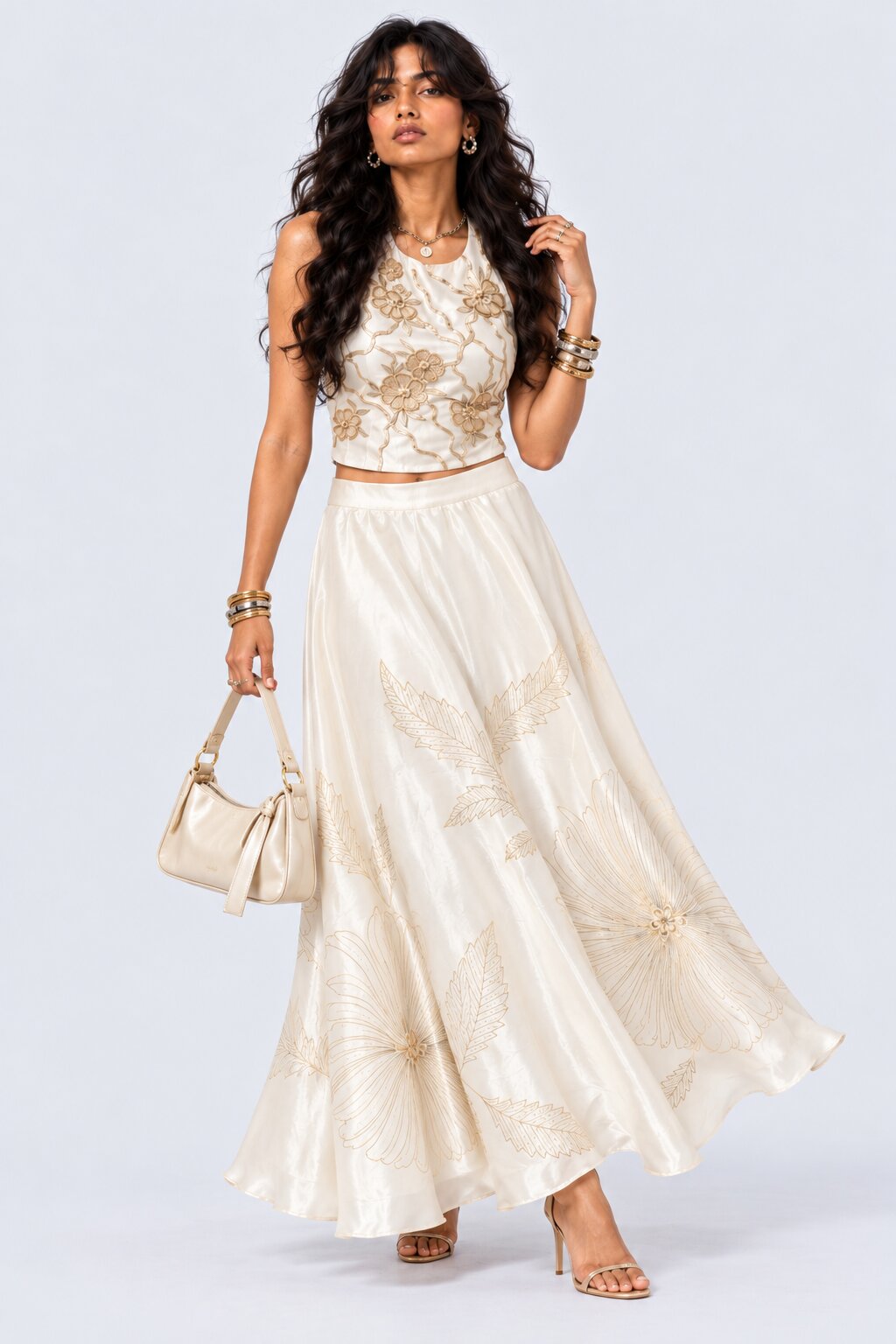 Womens Off White Floral Shimmer Satin Skirt - Image 6