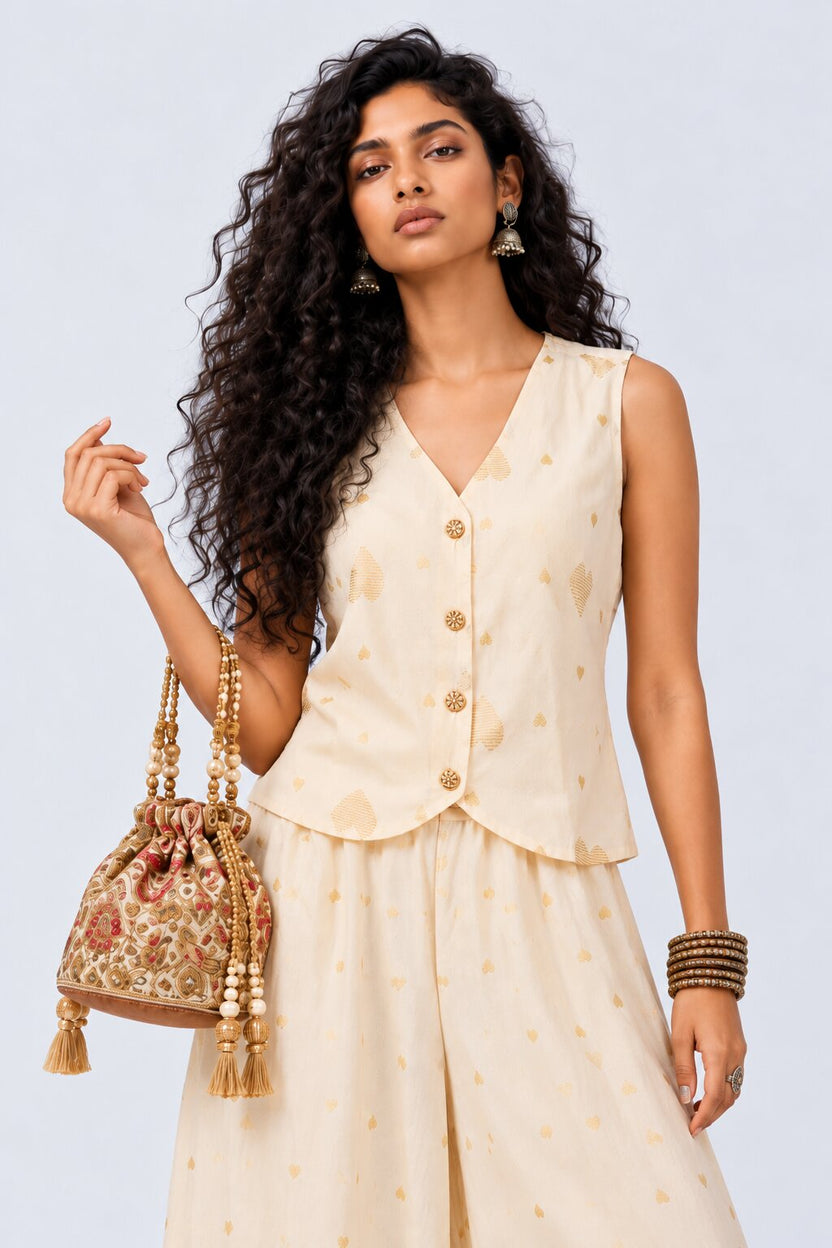 Womens Cream Heart Print Chanderi Waistcoat - Image 1