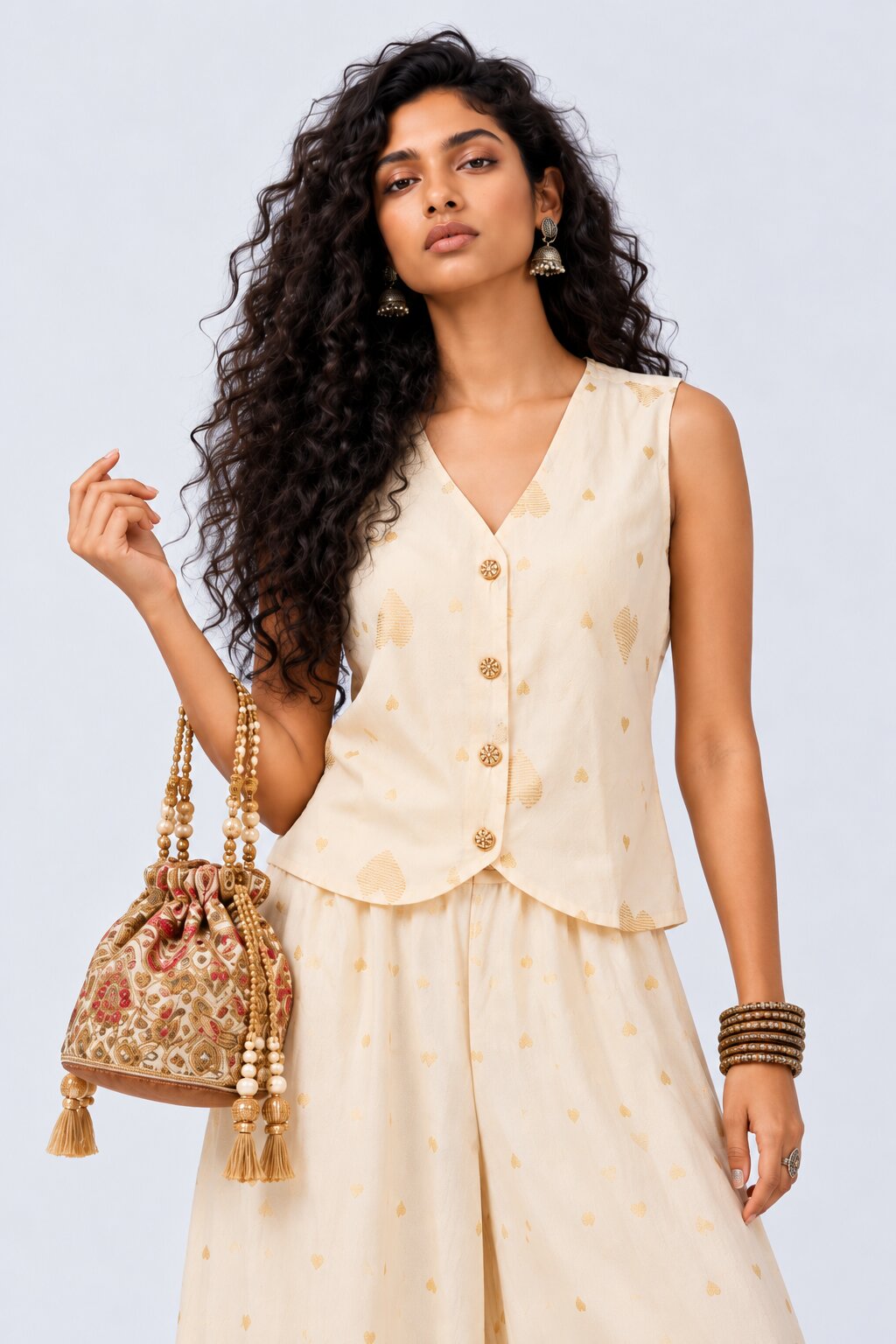 Womens Cream Heart Print Chanderi Waistcoat - Image 1