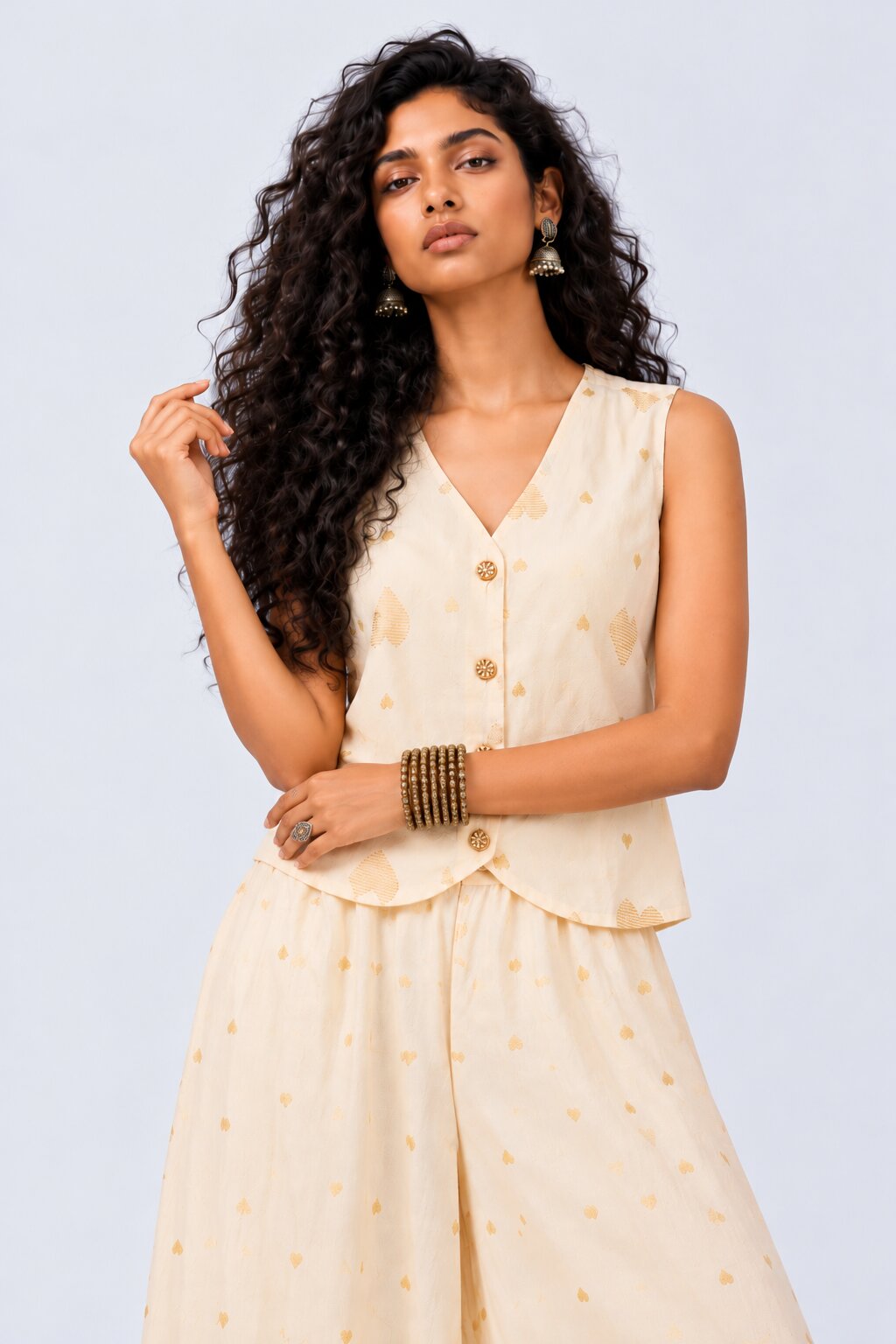Womens Cream Heart Print Chanderi Waistcoat - Image 2
