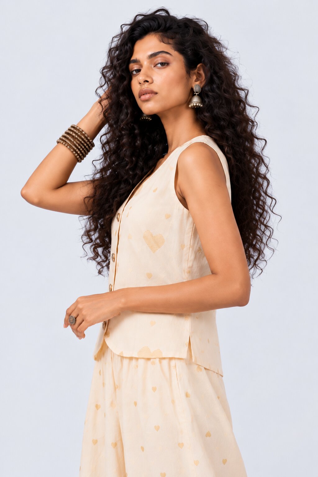 Womens Cream Heart Print Chanderi Waistcoat - Image 4