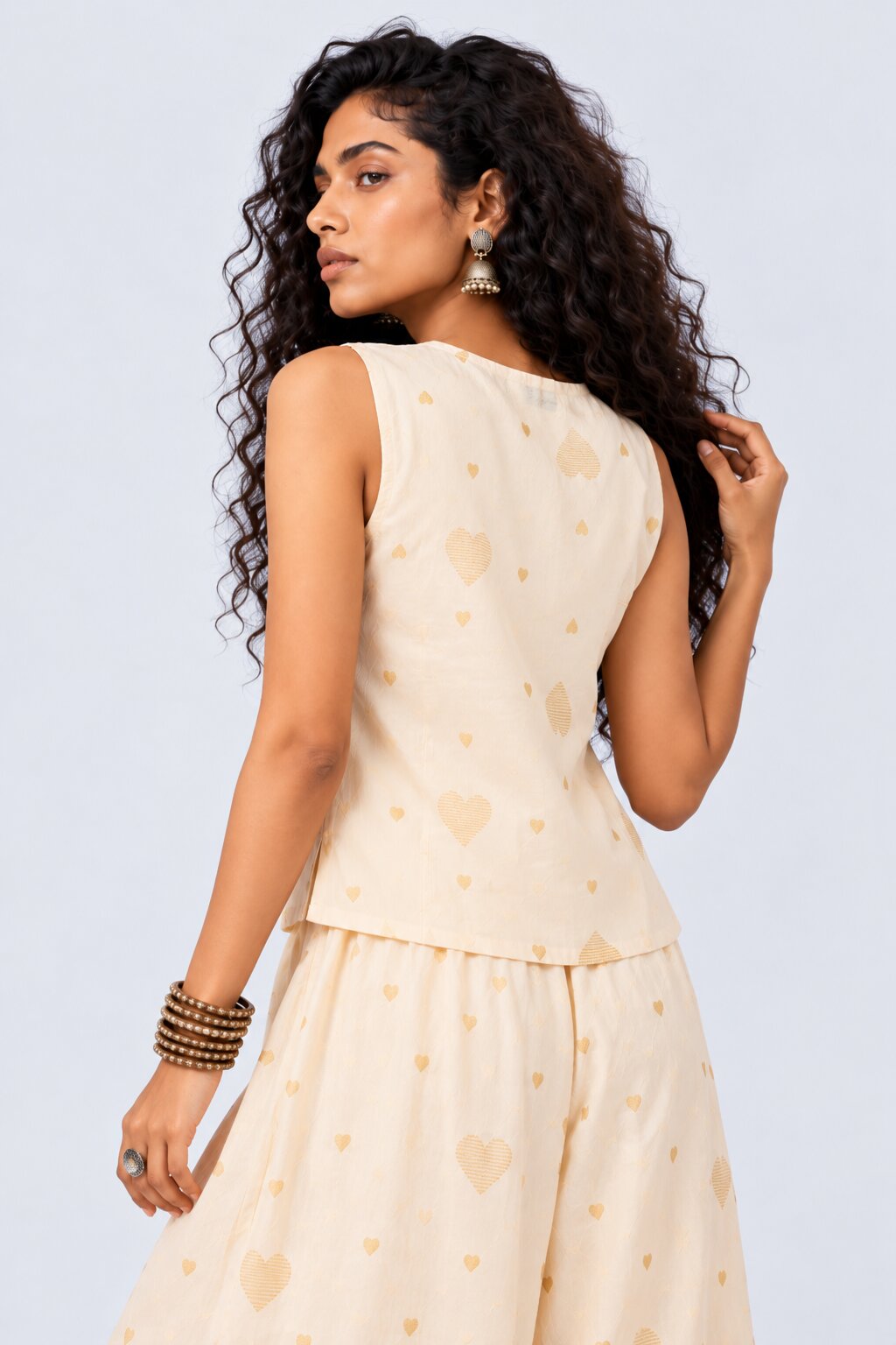 Womens Cream Heart Print Chanderi Waistcoat - Image 5