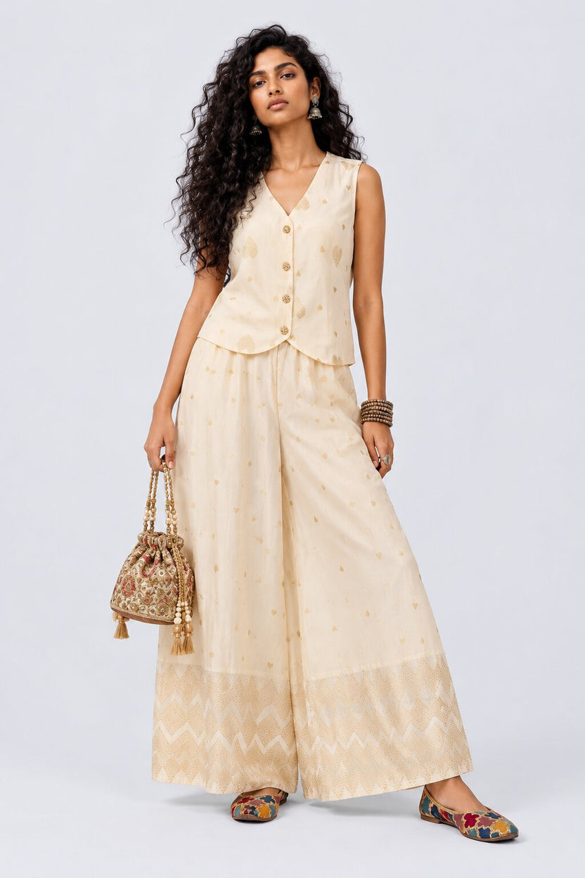 Womens Cream Heart Print Chanderi Waistcoat - Image 6