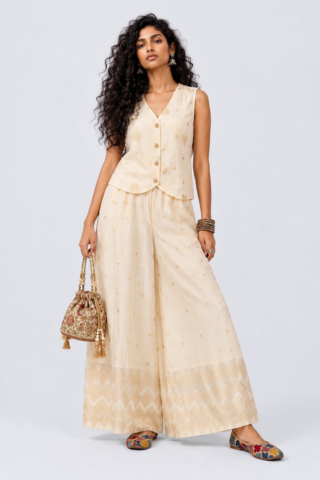 Womens Cream Heart Print Chanderi Waistcoat - Image 6